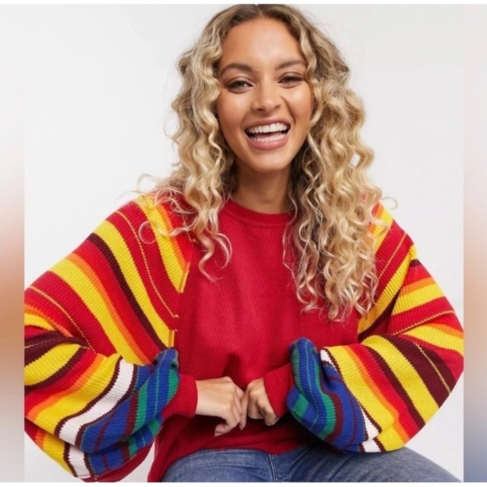 Free People We the Free Rainbow Dreams Balloon Sleeve Pullover Textured Sweater